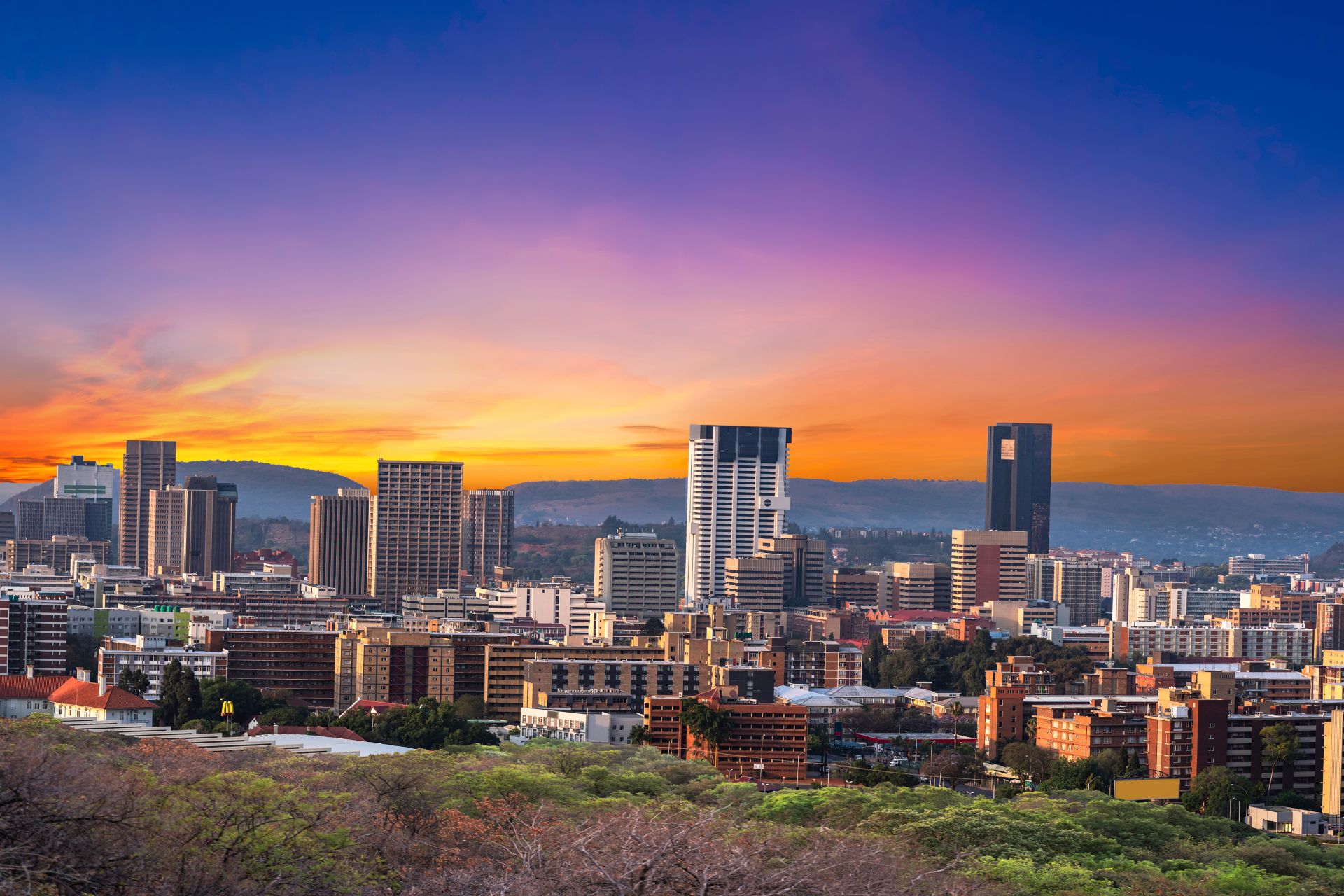 Dusk over Pretoria skyline showing the city's architecture, the heart of High Risk Protection's operational territory for security and investigation services
