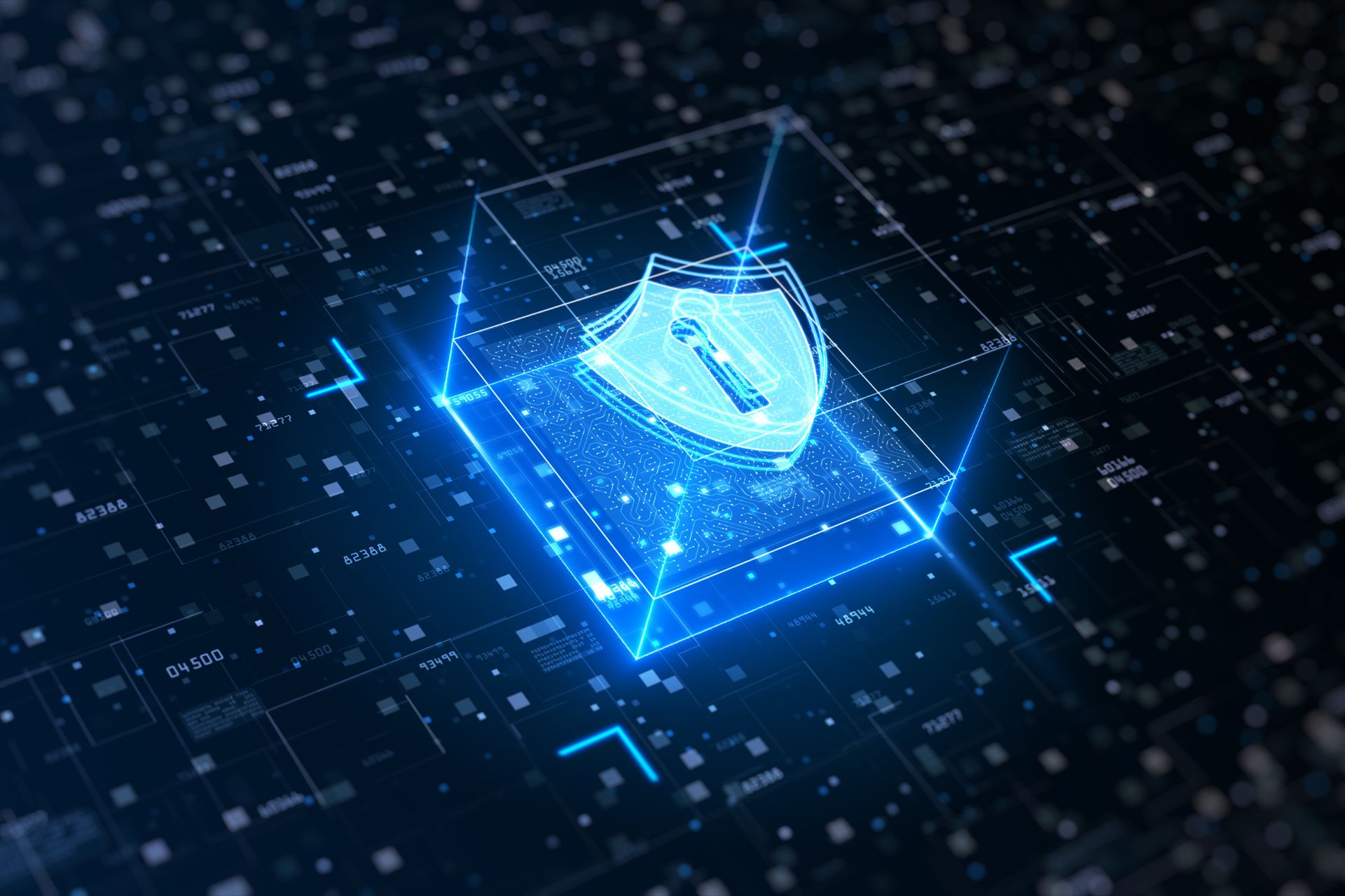 Digital hologram of a secure shield over a circuit board, symbolizing High Risk Protection's advanced security technology services in Pretoria.