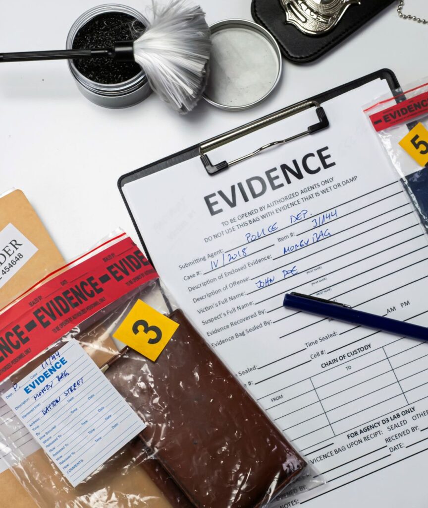 Forensic evidence collection tools and evidence bag on desk with evidence form and number 3 marker, showcasing crime scene investigation process.