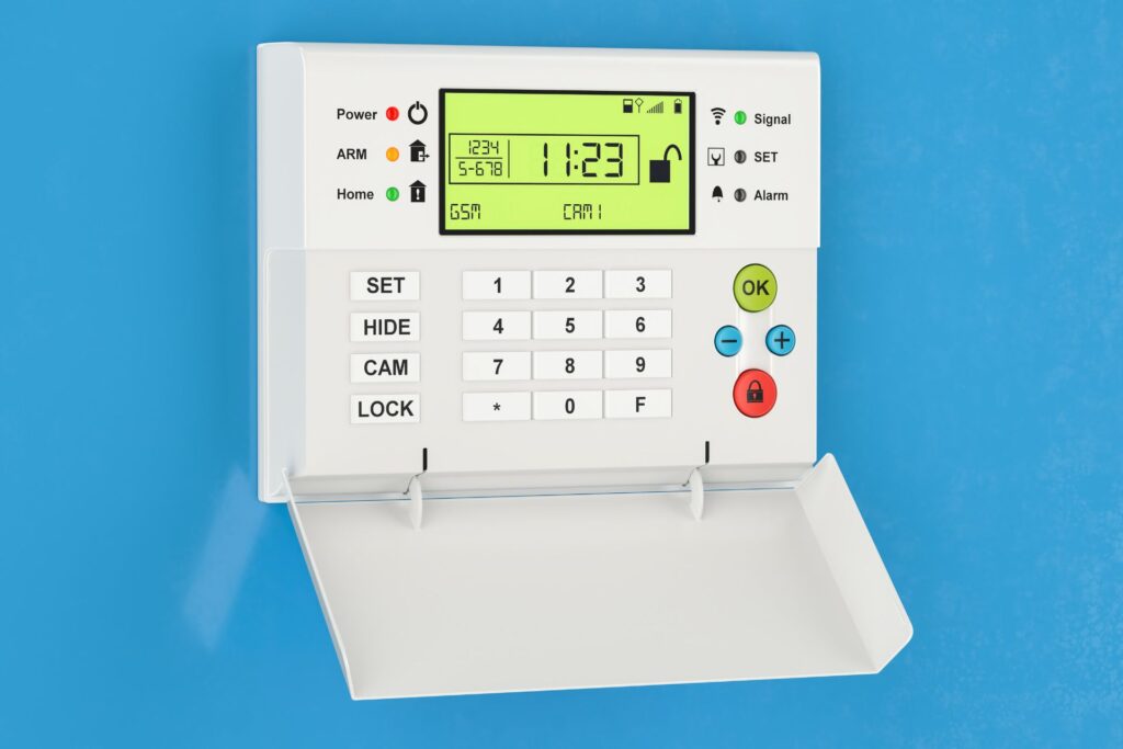 Modern home alarm system keypad displaying various settings including arm, home, and lock modes, emphasizing advanced security features
