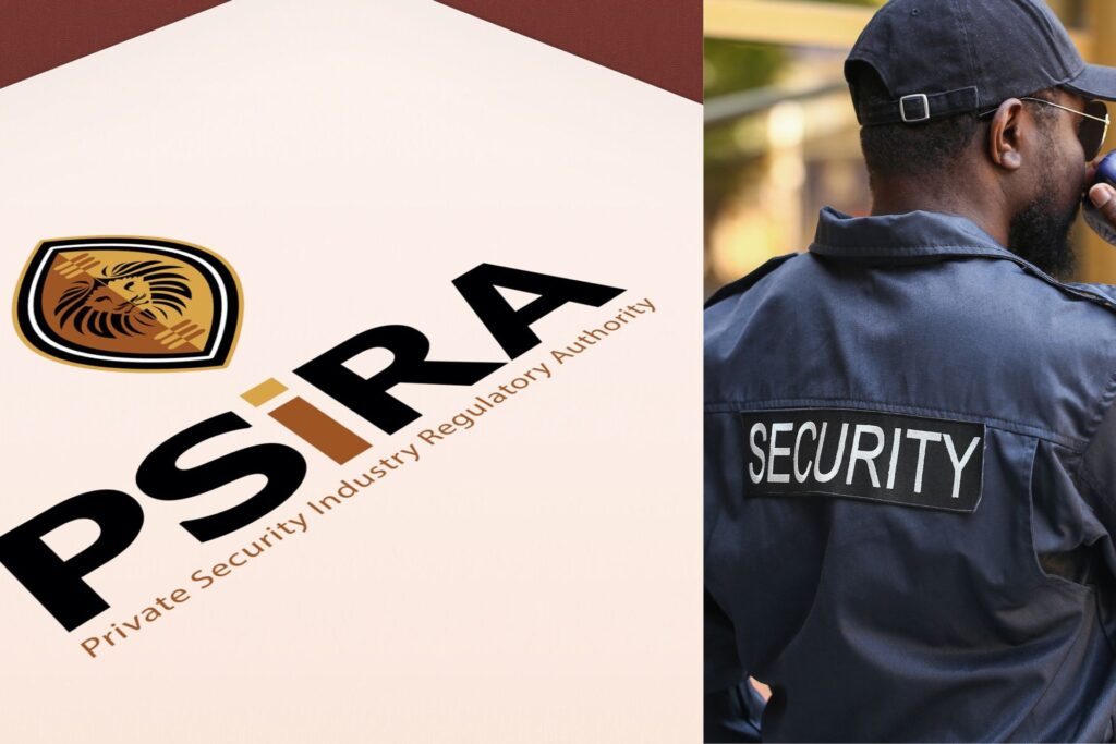Split image showing the PSIRA logo on the left and a security guard in uniform using a walkie-talkie on the right, symbolizing professional regulation and active security duty in Pretoria